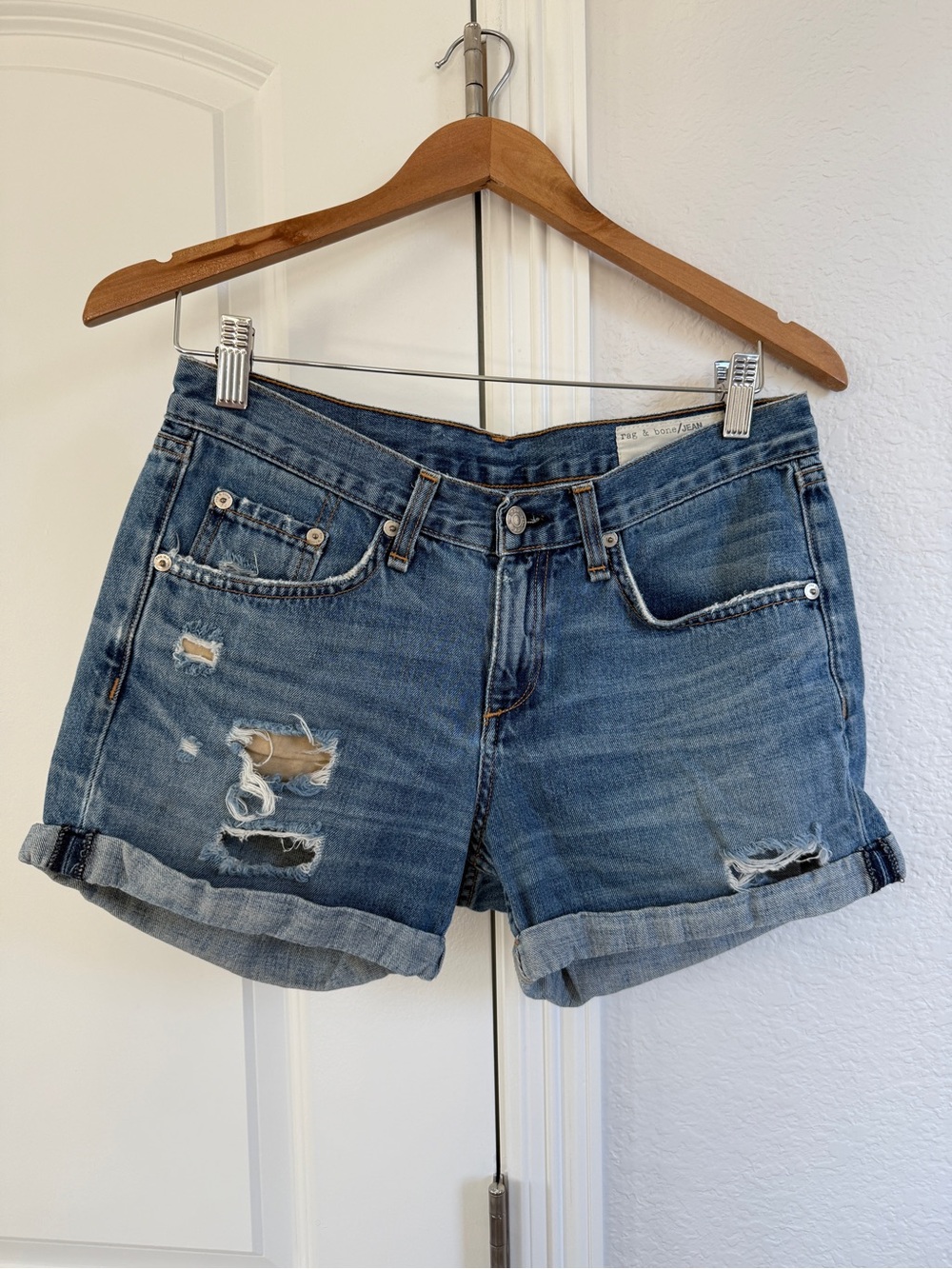 rag & bone Distressed Blue Denim Roll-Cuff Shorts